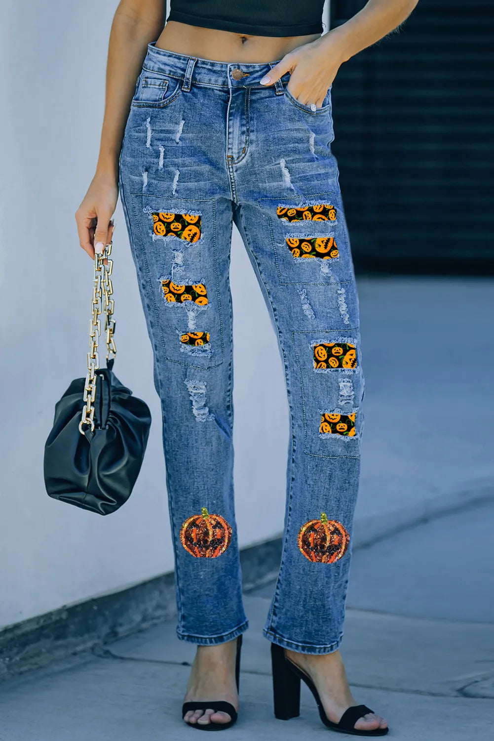 Elegant Style Pumpkin Distressed Straight Jeans