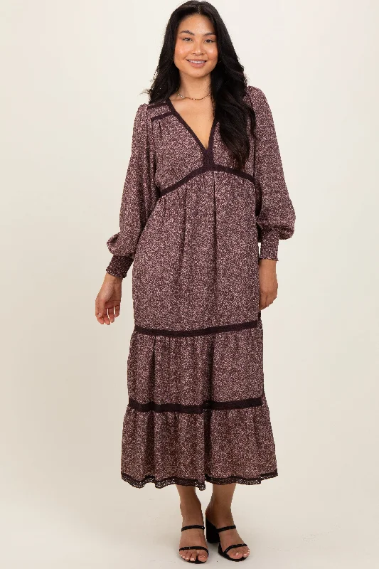 Single item design Brown Floral Lace Trim Bubble Sleeve Maxi Dress