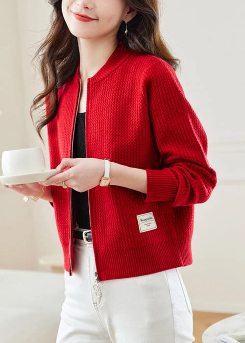 Noble And Elegant New Red Stand Collar Zip Up Solid Knit Coat Fall