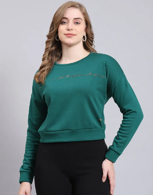 Nightclub Style Women Teal Blue Embroidered Round Neck Full Sleeve Sweatshirt