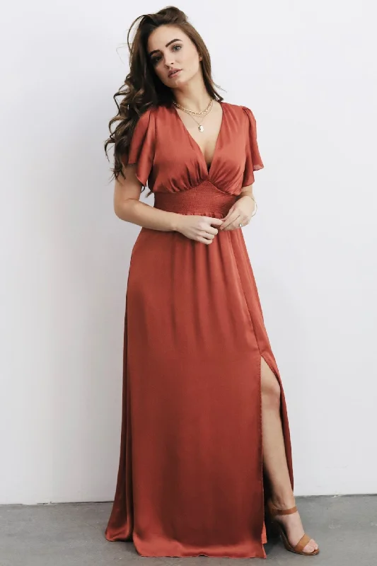 Fresh And Natural Prague Satin Maxi Dress | Rust