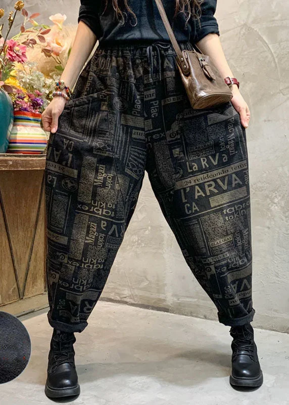 Relaxed And Casual French Black Cinched Graphic denim Pants Winter