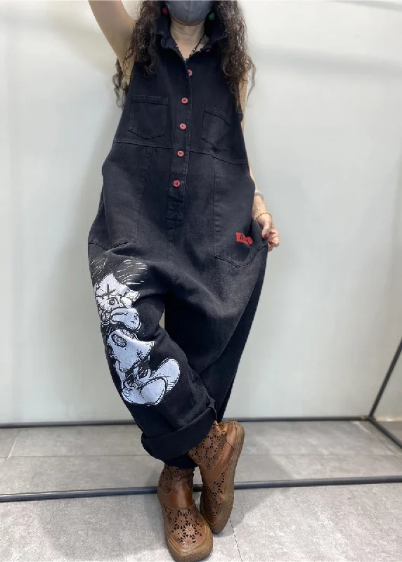 Unique prints Stylish Black Peter Pan Collar Print Button Denim Jumpsuits Spring