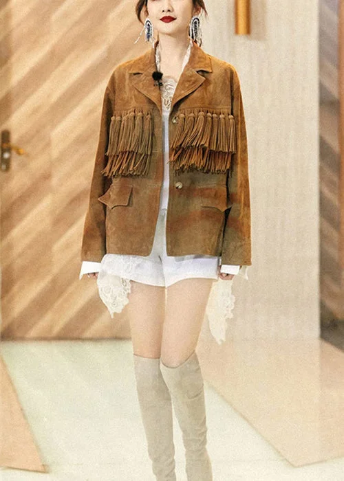 Warm And Comfortable French Khaki Tasseled Button Patchwork Faux Suede Coats Fall