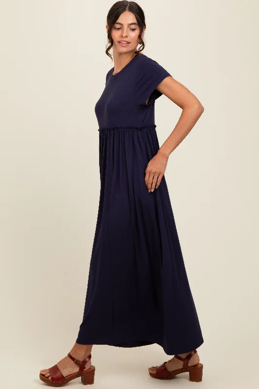 Floral Prints Navy Ruffle Trim Maxi Dress