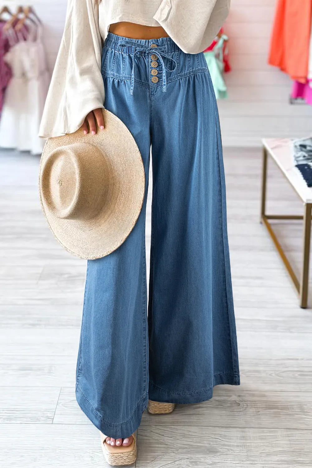 Classic Drawstring Elastic Waist Wide Leg Jeans