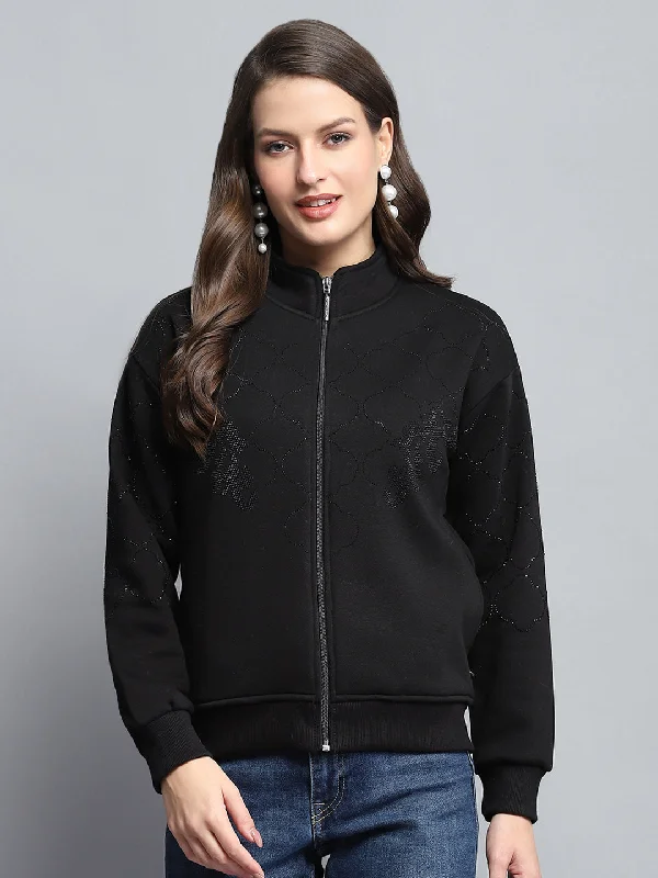 Urban Style Women Black Printed Mock Neck Full Sleeve Sweatshirt