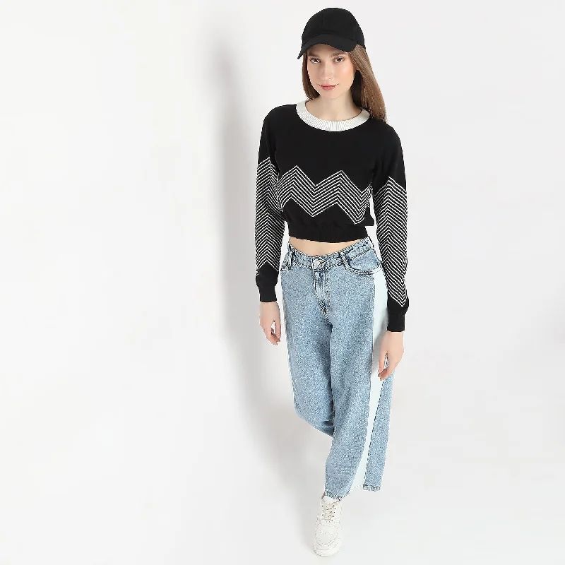 Customized Version Slim Fit Striped Boat Neck Flat Knits Full Sleeve Crop T-Shirt