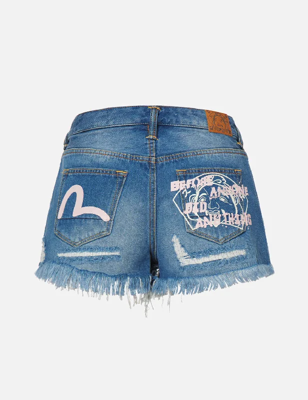 Thin Design Seagull and Godhead Print Denim Shorts