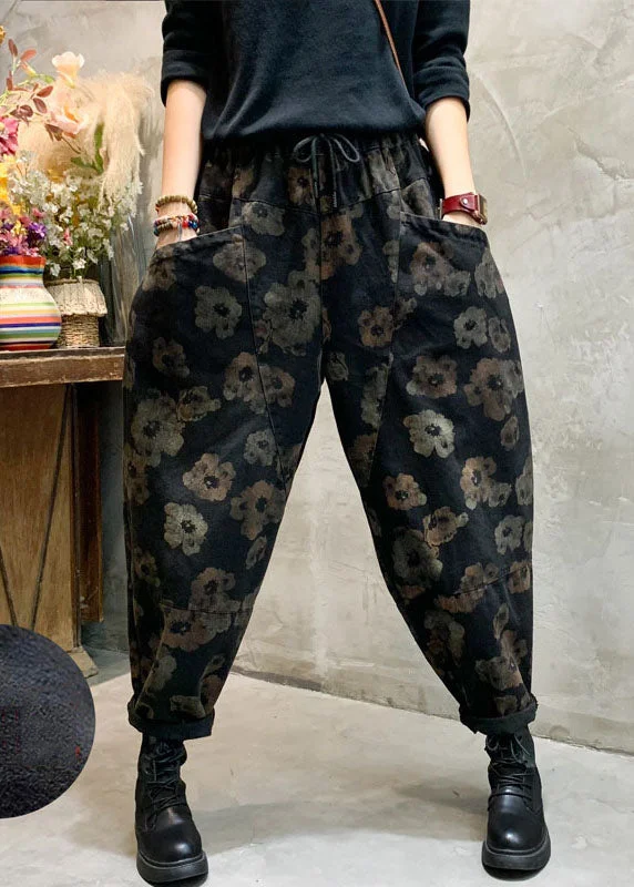 Bottom And Versatile Stylish Black Cinched Floral Pockets denim Pants Winter