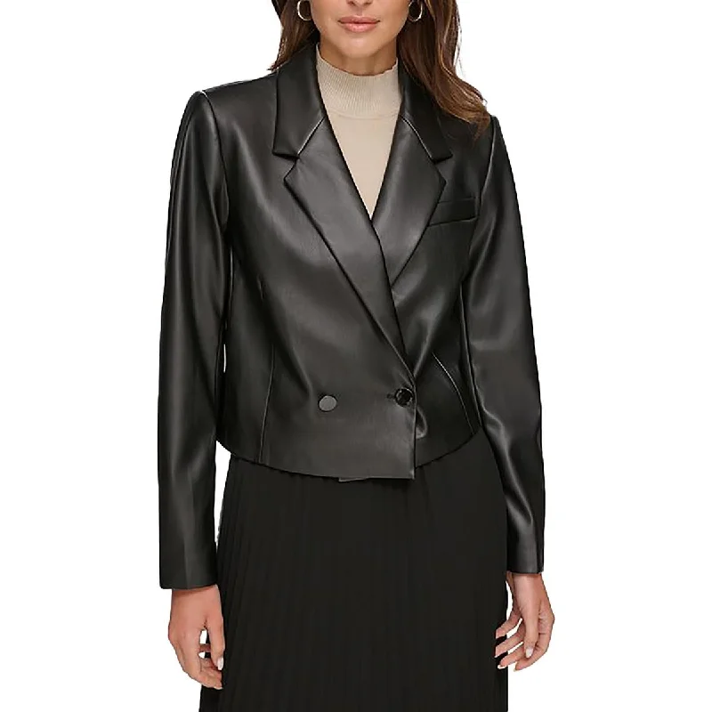 Slim Fit DKNY Womens Faux Leather Crop One-Button Blazer