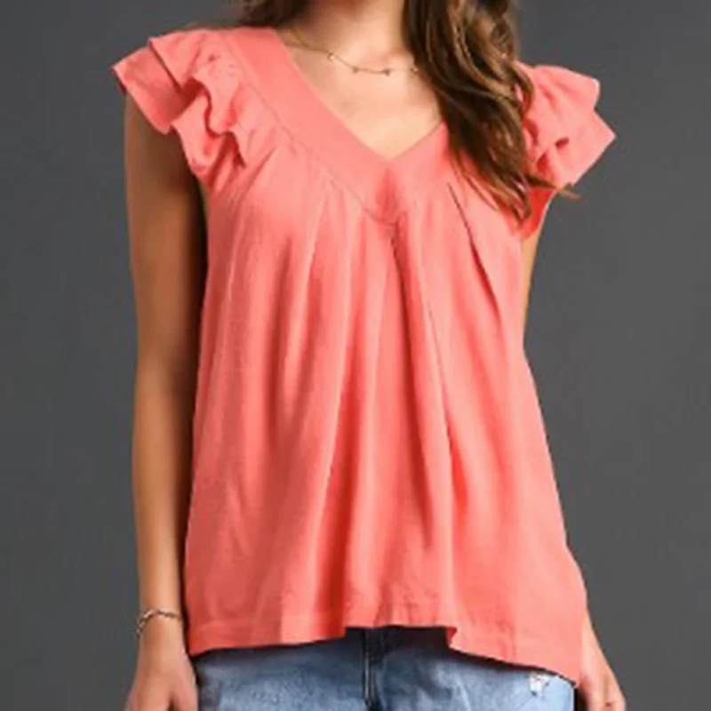 Elegant And Elegant Umgee USA Women's Solid V-Neck Ruffle Sleeveless Shirt