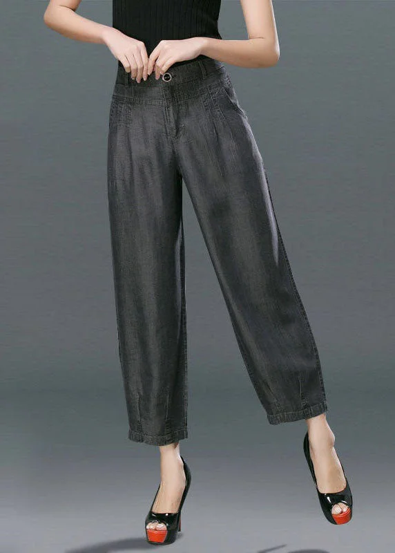 Trendy Items Black Pockets Cotton Denim Harem Pants High Waist Button Summer