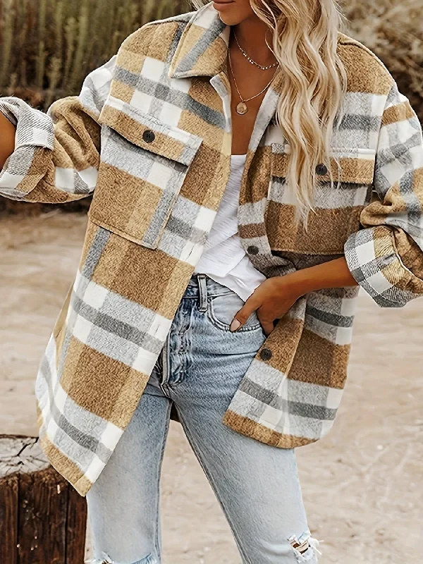 Single-shoulder Neck Design Loose Fit Plaid Shacket