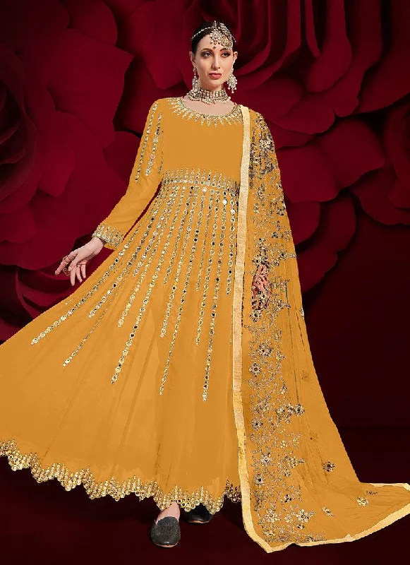 Embroidered Letters Yellow Color Georgette Material Mirror Work Pakistani Salwar Suit