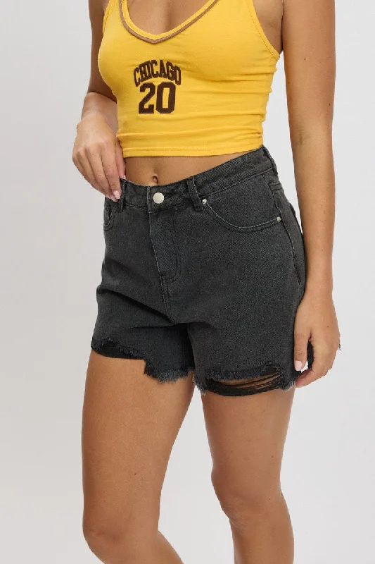 High-quality fabrics Grey Relaxed Denim Short Mid Rise