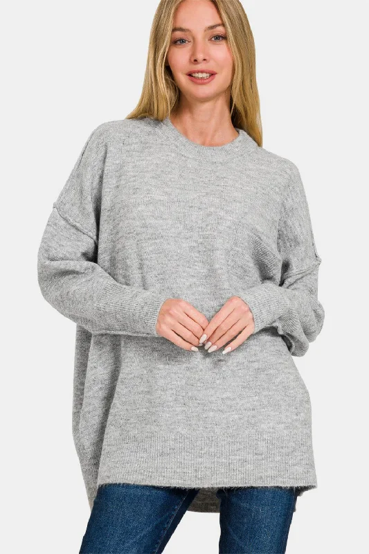 Slim Fit Zenana High-Low Hem Drop Shoulder Sweater