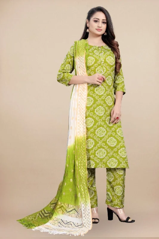 Multi-functional style Lime Green Bandhani Printed Rayon Straight Cut Suit