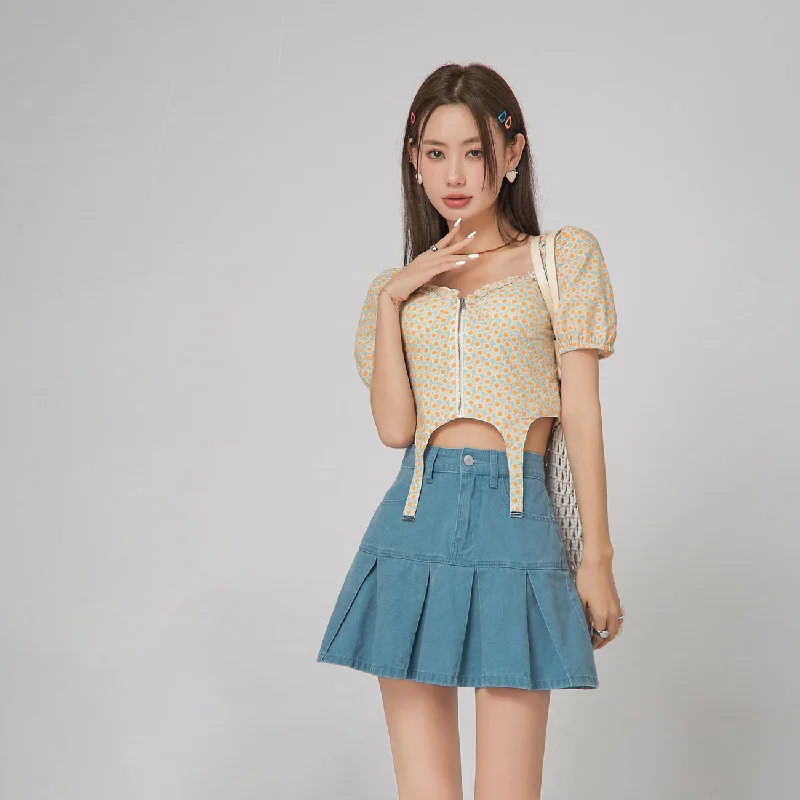 Double-sided Wear Flower Zip-up Crop Garter Blouse