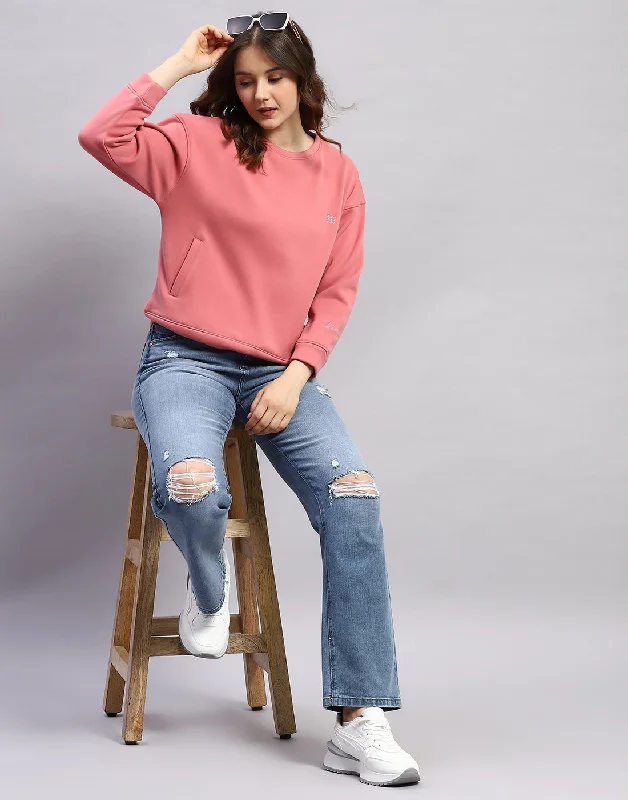 Carefree Women Pink Solid Round Neck Full Sleeve Sweatshirt