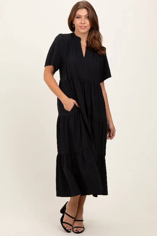Elegant And Noble Black V-Neck Tiered Midi Dress