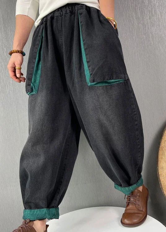 Elegant And Lazy Classy Black elastic waist Pockets denim Pants Spring