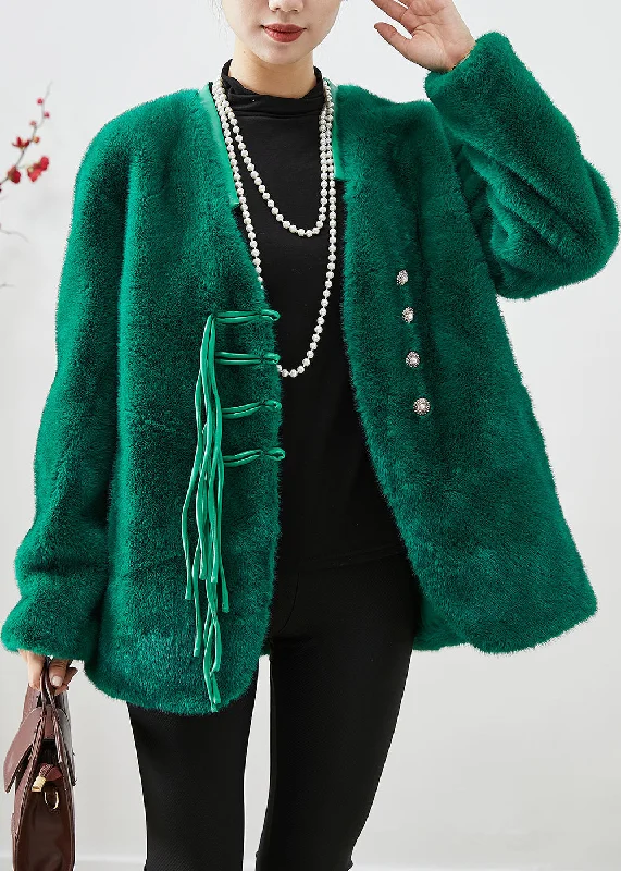 Loose Fit Organic Blackish Green Tasseled Mink Velvet Coat Outwear Winter