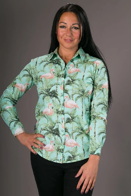 Body Design Green Flamingo Print Cotton Slim Fit Womens Shirt Long Sleeve
