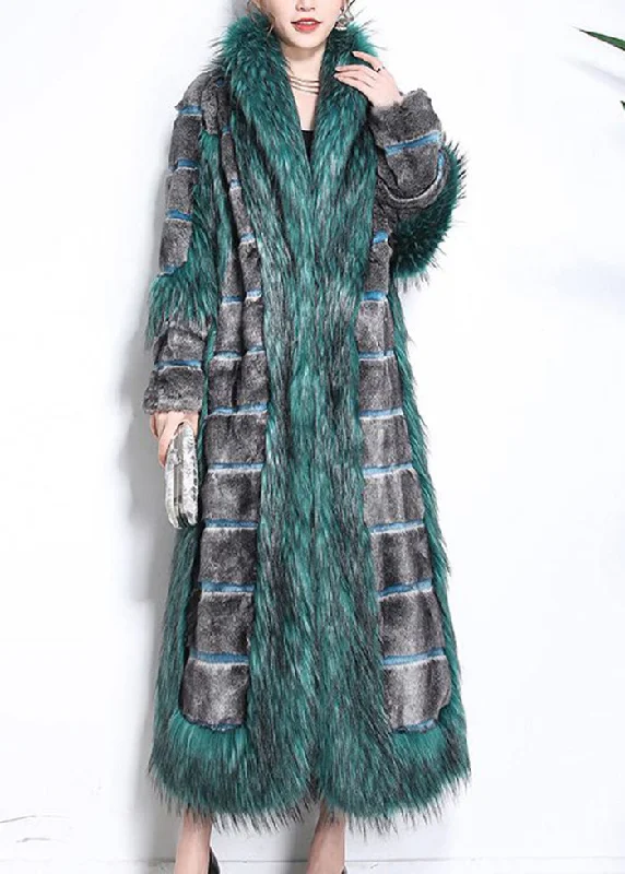 Street Fashion Beautiful Green Fur Collar Patchwork Striped Fuzzy Fur Fluffy Coats Winter
