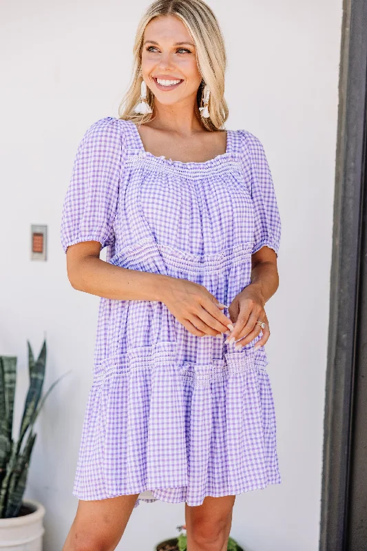 Slightly Flared Design Sunshiny Day Lilac Purple Gingham Dress