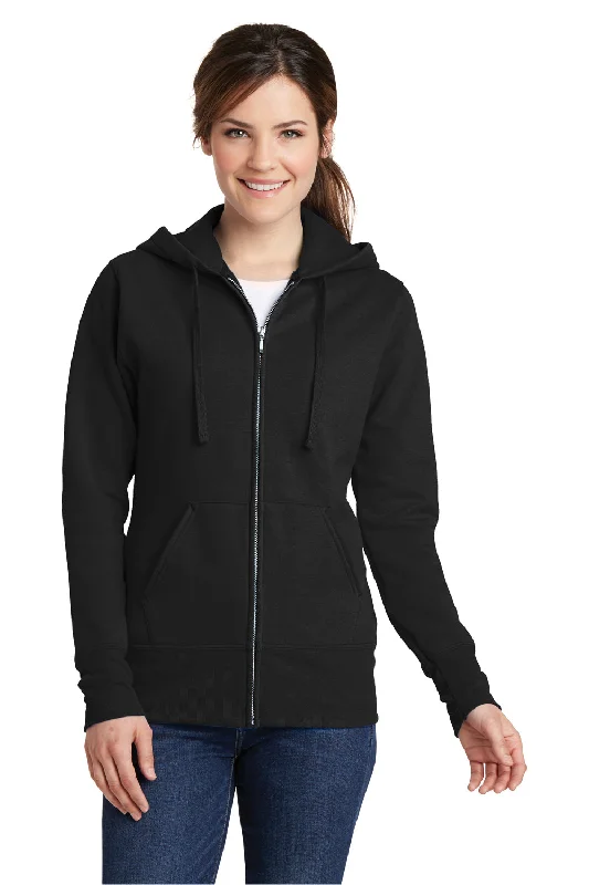 Classic Series Port & Company Womens Core Pill Resistant Fleece Full Zip Hooded Sweatshirt Hoodie w/ Pockets - Jet Black Classic Series Port & Company Womens Core Pill Resistant Fleece Full Zip Hooded Sweatshirt Hoodie w/ Pockets - Jet Black