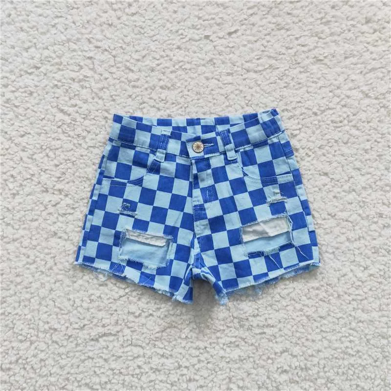Leisure Travel SS0093 Blue plaid ripped denim shorts for baby girls&boys clothes