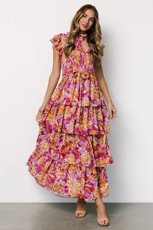 Fresh And Natural Mya Smocked Maxi Dress | Orchid + Gold Print