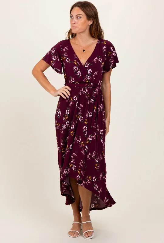 Simple Solid Color Burgundy Floral Short Sleeve Wrap Hi-Low Maxi Dress