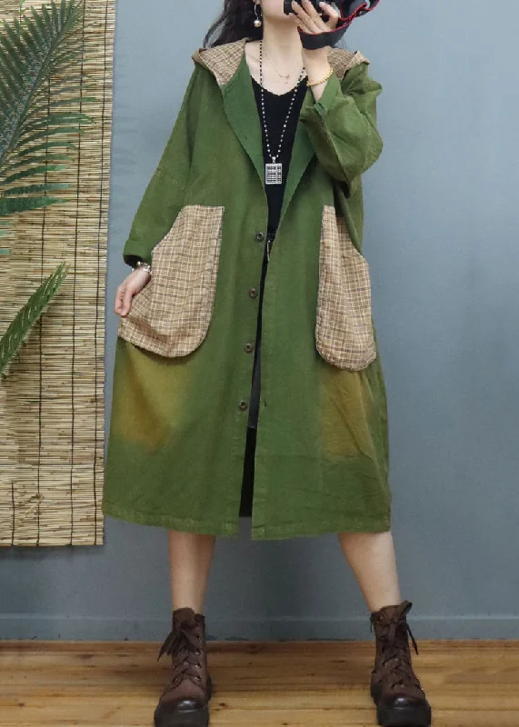 Warm Winter Series Plus Size Green Plaid Pockets Patchwork Cotton Coats Fall