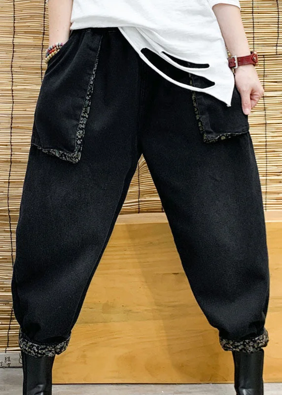 Ultra-lightweight Classy Black Pockets Loose denim Pants Winter