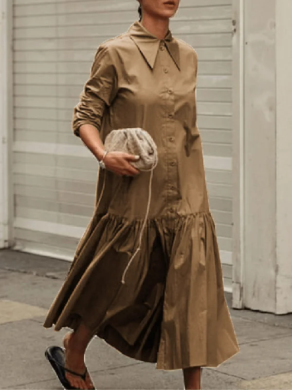 Beautiful Romance Women Solid Color Lapel A-Line Long Sleeve Simple Maxi Shirt Dresses