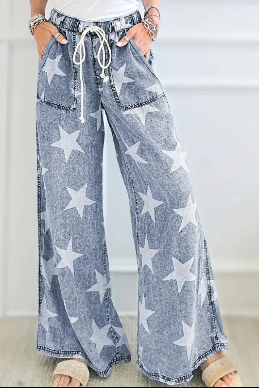 Nightclub Style Drawstring Star Wide Leg Jeans