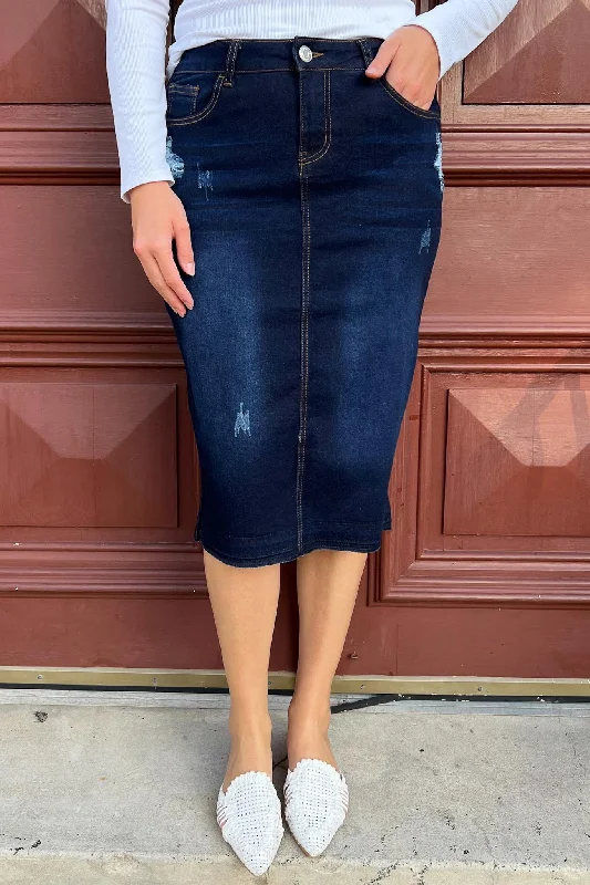 High-end Design Gianna Distressed Denim Skirt (Dk. Indigo)