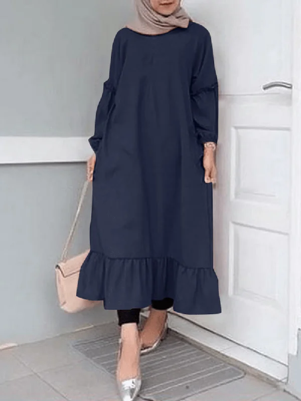 Unique Design Women Ruffle Hem Trim Solid Color O-Neck Casual Elastic Cuff Shirt Maxi Dress with Pockets