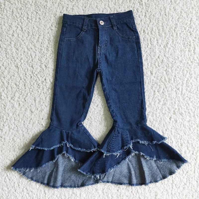 Bright Colors P0007 girl high quality dark blue denim bell pants kids fashion style jeans with pockets