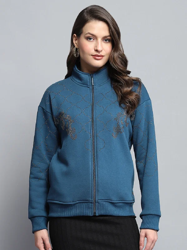 Girl Style Women Teal Blue Printed Mock Neck Full Sleeve Sweatshirt