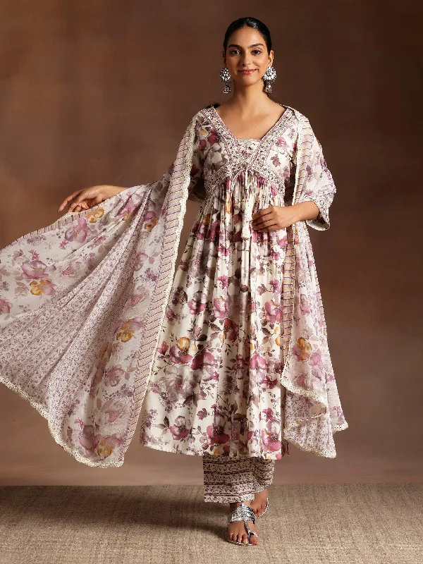 Fashion Elements Hoor Burgundy Printed Silk Blend A-Line Kurta With Palazzos & Dupatta