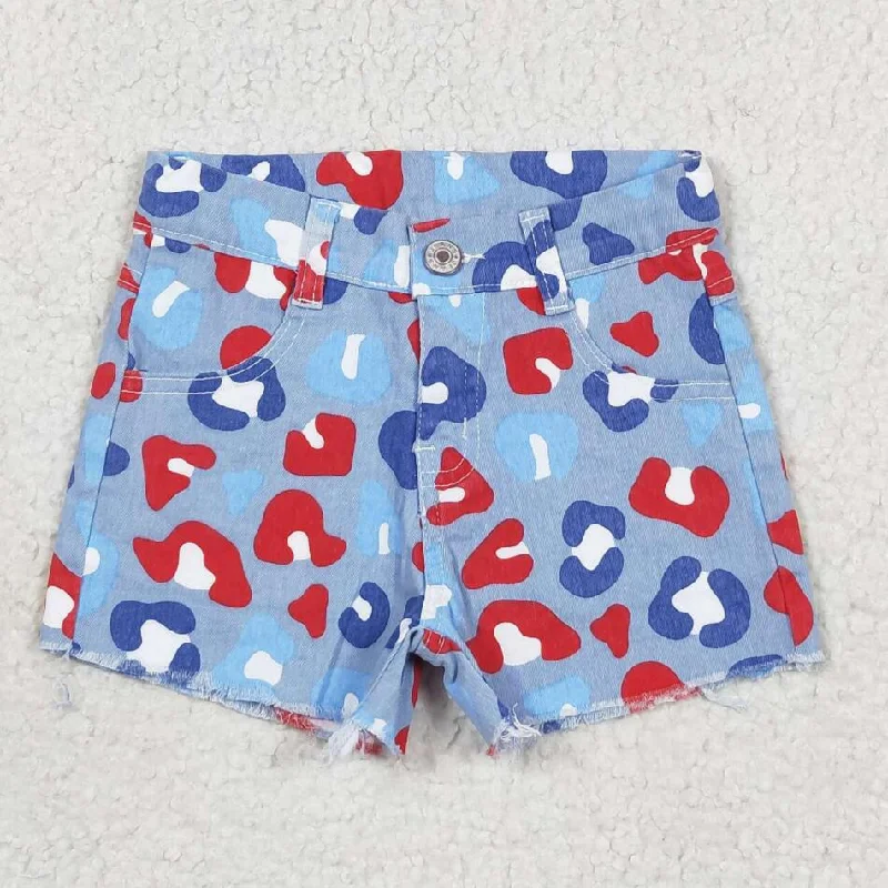 Girl Style SS0166 Blue Red Color Leopard Denim Shorts