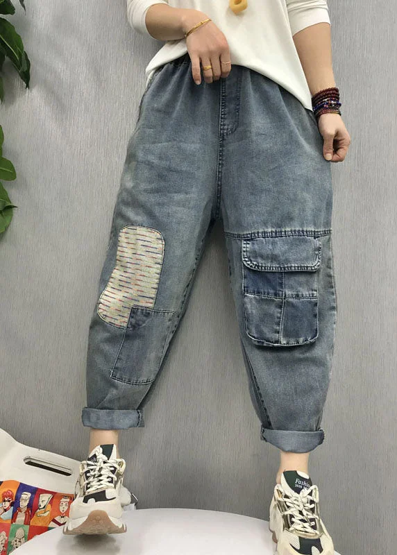 Versatile Items Bohemian Blue elastic waist patch applique denim Pants Spring