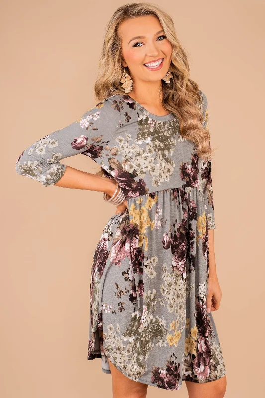 Cool Breeze At Night Start Your Week Gray Floral Dress