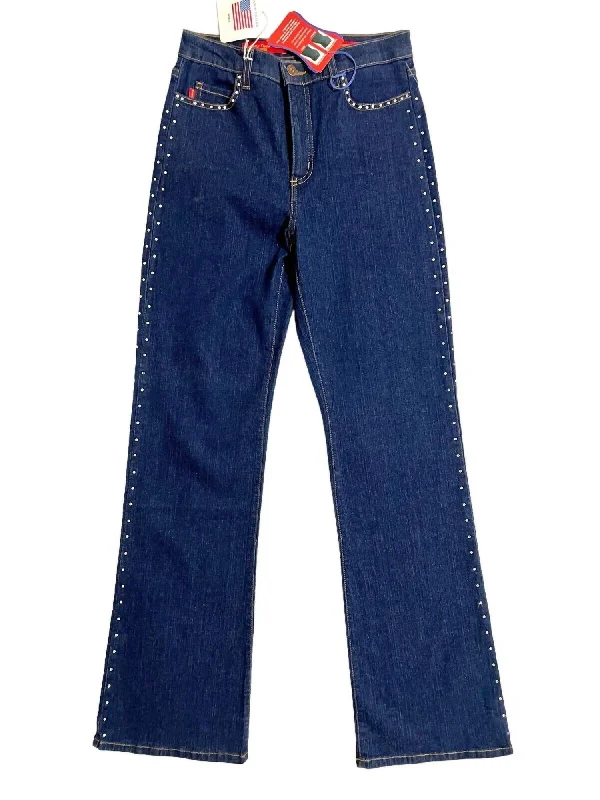 Slim Fit Women's Tummy Bootcut Rhinestone Embellished Tuck Jeans In Blue