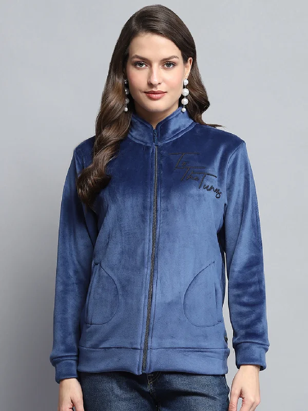 Diamond Series Women Blue Printed Mock Neck Full Sleeve Sweatshirt