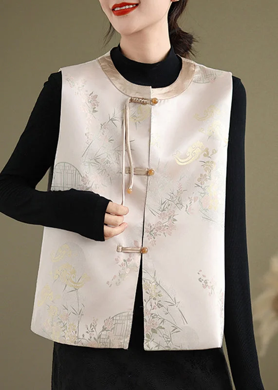 High-end Fabrics New Pink Print Chinese Button Silk Waistcoat Sleeveless