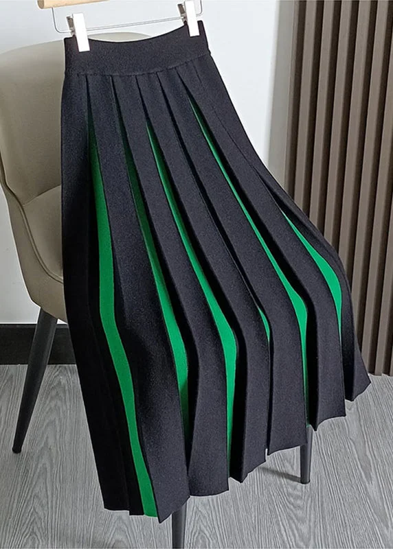 Slim Fit Simple Green Patchwork High Waist Woolen Pleated Skirts Fall
